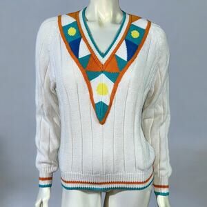 Vintage 90s Room Works Geometric Art Deco V-Neck Cotton Sweater White Multi M
